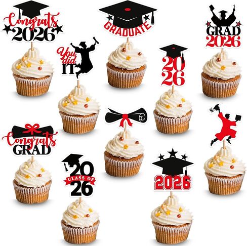 KatchOn, Red and Black Graduation Cake Topper 2025 - Pack of 36 | Grad Dessert Toppers for Red Grad Decorations Class of 2025 |Graduation Decorations 2025 in Saudi Arabia