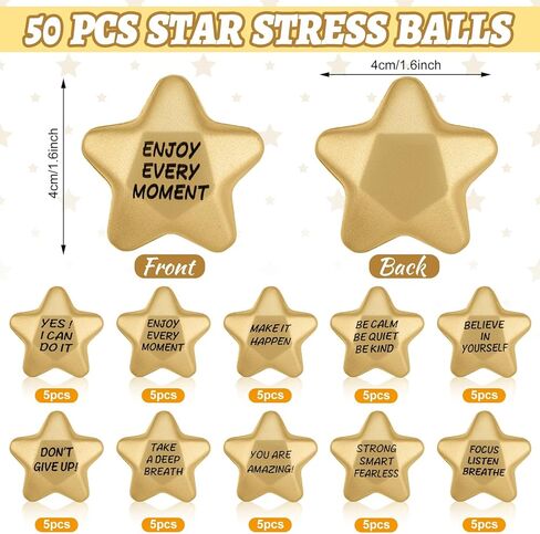 50 Pcs Star Stress Balls Stress Relief Star Balls Inspirational Foam Balls Bulk Gold Star Stress Toys for Teens Adults Coworkers School Office Award Goodie Bag Stuffers in Saudi Arabia