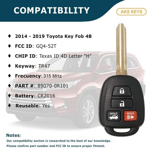 Replacement for Toyota Key Fob 4 Buttons That Use FCC GQ4-52T and Part Number 89070-0R101 Chip Texas ID 4D Letter H - 315 MHz Compatible with 2014-2019 Selected Models (1) in Saudi Arabia