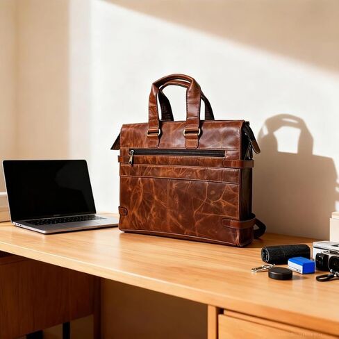 Full-Grain Leather BackLeather Laptop Briefcase for Men – Full Grain Leather Messenger Bag, Professional Office Business Bag with Shoulder Strap, Brown Work Tote for Travel & Daily Use in Kuwait