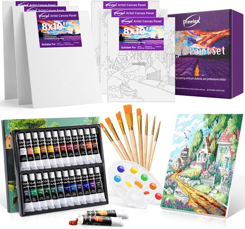 Paint Set, Acrylic Paint Canvas Set, 34 PCS Painting Kit with 18 Acrylic Paints, 4 Canvas Panels, Drawing Pad, Wood Easel, Ideal for Art Lovers and Creative Painting in Saudi Arabia