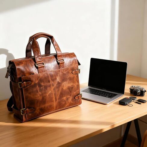 Full-Grain Leather BackLeather Laptop Briefcase for Men – Full Grain Leather Messenger Bag, Professional Office Business Bag with Shoulder Strap, Brown Work Tote for Travel & Daily Use in Kuwait