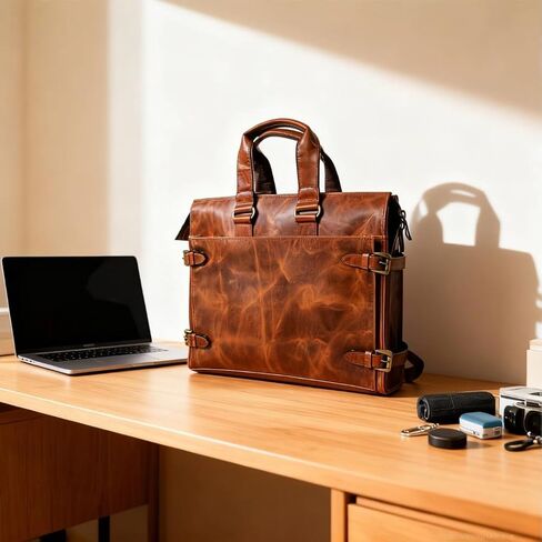 Full-Grain Leather BackLeather Laptop Briefcase for Men – Full Grain Leather Messenger Bag, Professional Office Business Bag with Shoulder Strap, Brown Work Tote for Travel & Daily Use in Kuwait