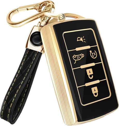 Lucrum Compatible with Jeep Grand Cherokee Key Fob Cover & Leather Keychain - TPU Keyfob Case for Cherokee, Wagoneer (2021-2025) - Black and Gold in Saudi Arabia