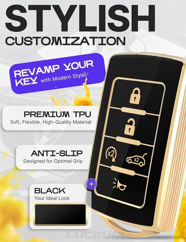 Lucrum Compatible with Jeep Grand Cherokee Key Fob Cover & Leather Keychain - TPU Keyfob Case for Cherokee, Wagoneer (2021-2025) - Black and Gold in Saudi Arabia