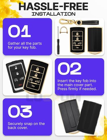 Lucrum Compatible with Jeep Grand Cherokee Key Fob Cover & Leather Keychain - TPU Keyfob Case for Cherokee, Wagoneer (2021-2025) - Black and Gold in Saudi Arabia