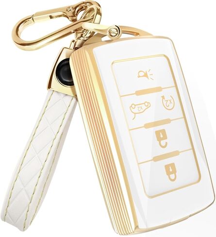 Lucrum Compatible with Jeep Grand Cherokee Key Fob Cover & Leather Keychain - TPU Keyfob Case for Cherokee, Wagoneer (2021-2025) - Black and Gold in Saudi Arabia