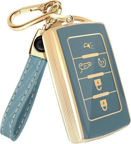 Lucrum Compatible with Jeep Grand Cherokee Key Fob Cover & Leather Keychain - TPU Keyfob Case for Cherokee, Wagoneer (2021-2025) - Black and Gold in Saudi Arabia