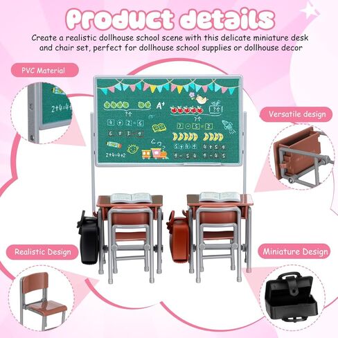 TOYANDONA 13pcs Miniature School Supplies - Doll School Supplies Mini Dollhouse Accessories Include Desk Chair Set Doll Schoolbag Blackboard Book for Miniature Classroom Furniture in Kuwait