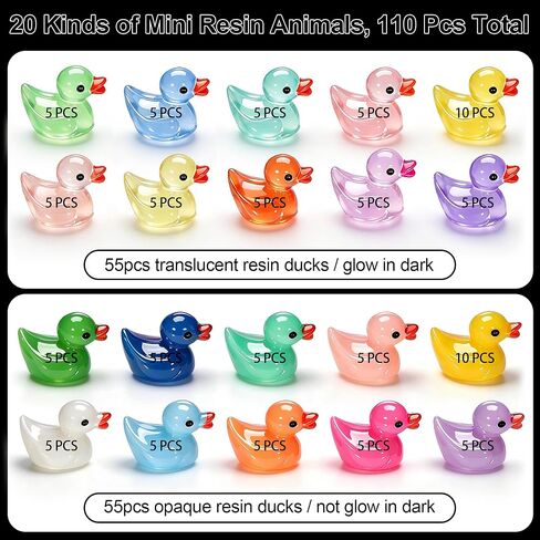QUMMFA 110pcs Mini Resin Ducks, Glow in The Dark Tiny Ducks to Hide, 20 Colors Mini Resin Animals, Miniature Landscape Decor for Aquarium, Fish Tank, Fairy Garden Home Dollhouse Accessories in Saudi Arabia
