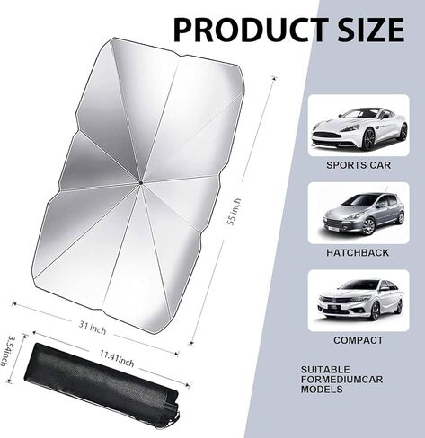 Foldable Umbrella Car Windshield Sunshade - 56"x31" Heat Shield for Car Interior, UV Protection Sun Shade Fit for Sedans, SUVs, Trucks in Kuwait