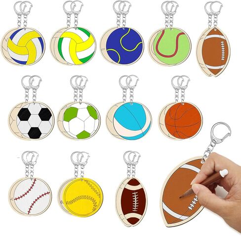 60 pcs World Cup Sports Ball Keychains Crafts Unfinished Wooden Football Basketball Key Chain Crafts Wooden Blank Painting DIY Crafts for Home Sport Party Favors Gifts in Saudi Arabia