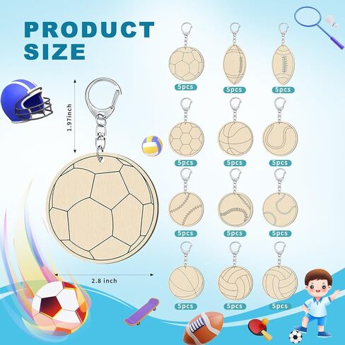60 pcs World Cup Sports Ball Keychains Crafts Unfinished Wooden Football Basketball Key Chain Crafts Wooden Blank Painting DIY Crafts for Home Sport Party Favors Gifts in Saudi Arabia