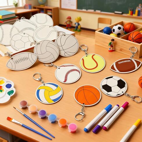 60 pcs World Cup Sports Ball Keychains Crafts Unfinished Wooden Football Basketball Key Chain Crafts Wooden Blank Painting DIY Crafts for Home Sport Party Favors Gifts in Saudi Arabia
