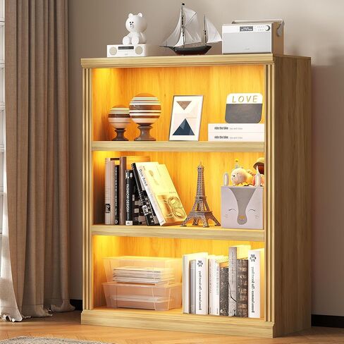 Lvifur 3-Tier Open Display Cabinet & Bookcase with Motion Sensor, Curio Cabinet with 3-Color LED Lights, Modern Storage Shelves for Collectibles & Books in Kuwait