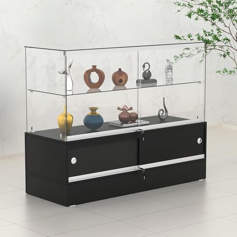 48" W x 18" D x 38" H - Full-View Tempered Glass Display Case - Lockable Multi-Level Storage Cabinet, Suitable for Collectibles, Figurines and Commercial Shop Displays (Black, with Storage Cabinet) in Kuwait