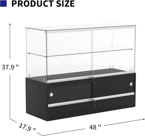 48" W x 18" D x 38" H - Full-View Tempered Glass Display Case - Lockable Multi-Level Storage Cabinet, Suitable for Collectibles, Figurines and Commercial Shop Displays (Black, with Storage Cabinet) in Kuwait