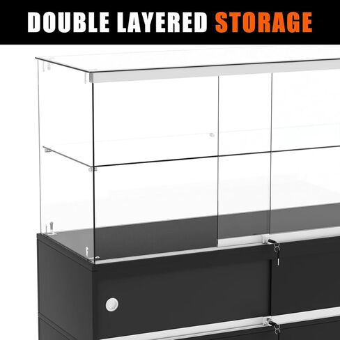 48" W x 18" D x 38" H - Full-View Tempered Glass Display Case - Lockable Multi-Level Storage Cabinet, Suitable for Collectibles, Figurines and Commercial Shop Displays (Black, with Storage Cabinet) in Kuwait