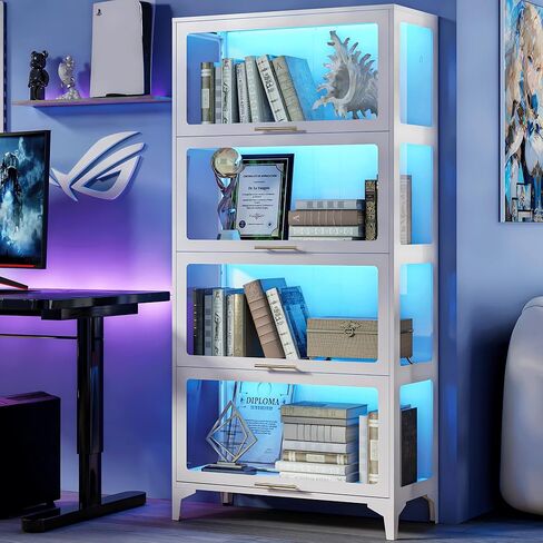 4-Tier LED Lighted Display Cabinet with Glass Doors, Curio Storage Cabinet for Collectibles, Glass Display Case, Modern Tall Showcase Cabinet for Living Room, Home Office and Study, White in Kuwait