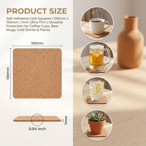 50 Pcs Self-Adhesive Cork Sheets Square, 4" x 4" Cork Tiles Backing Sheets for DIY Coasters and Crafts Decoration 1mm Thick in Saudi Arabia