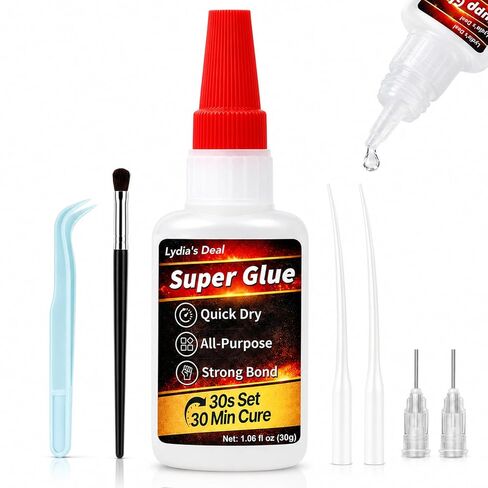 Super Glue Liquid, 30g(1.06 oz) All Purpose CA Glue, with Anti-Clog Cap Precision Tip and Extension Dropper Tweezers, Fast-Setting Instant Superglue for Plastic, Wood, Metal, Repair DIY Crafts in Saudi Arabia