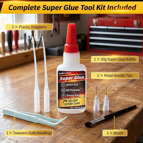 Super Glue Liquid, 30g(1.06 oz) All Purpose CA Glue, with Anti-Clog Cap Precision Tip and Extension Dropper Tweezers, Fast-Setting Instant Superglue for Plastic, Wood, Metal, Repair DIY Crafts in Saudi Arabia