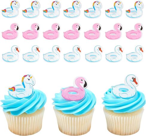 DecoPac Pool Floaties Cupcake Toppers, 24 Cupcake Rings, Flamingo, Swan, Unicorn Pool Party Cake Decorations, Food Safe Summer Decorations - 24 Pack in Kuwait