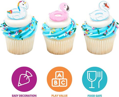 DecoPac Pool Floaties Cupcake Toppers, 24 Cupcake Rings, Flamingo, Swan, Unicorn Pool Party Cake Decorations, Food Safe Summer Decorations - 24 Pack in Kuwait