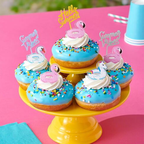 DecoPac Pool Floaties Cupcake Toppers, 24 Cupcake Rings, Flamingo, Swan, Unicorn Pool Party Cake Decorations, Food Safe Summer Decorations - 24 Pack in Kuwait
