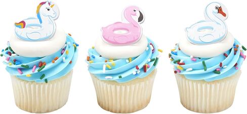 DecoPac Pool Floaties Cupcake Toppers, 24 Cupcake Rings, Flamingo, Swan, Unicorn Pool Party Cake Decorations, Food Safe Summer Decorations - 24 Pack in Kuwait