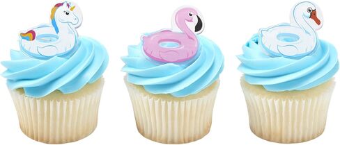 DecoPac Pool Floaties Cupcake Toppers, 24 Cupcake Rings, Flamingo, Swan, Unicorn Pool Party Cake Decorations, Food Safe Summer Decorations - 24 Pack in Kuwait