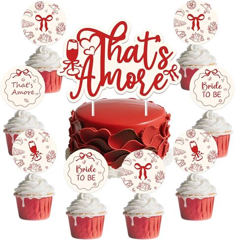 That's Amore Cake Cupcake Toppers Italian That's Amore Bridal Shower ديكورات حفلات الزفاف 25 قطعة من زخارف الكيك ذات القوس الأحمر الطباعة على الوجهين للبيتزا الإيطالية العازبة وحفلات الخطوبة in Kuwait
