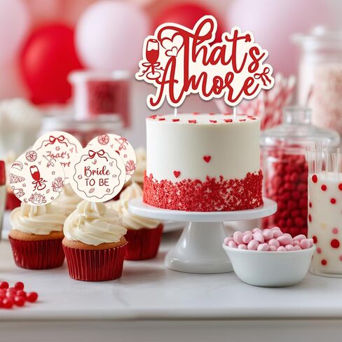 That's Amore Cake Cupcake Toppers Italian That's Amore Bridal Shower ديكورات حفلات الزفاف 25 قطعة من زخارف الكيك ذات القوس الأحمر الطباعة على الوجهين للبيتزا الإيطالية العازبة وحفلات الخطوبة in Kuwait