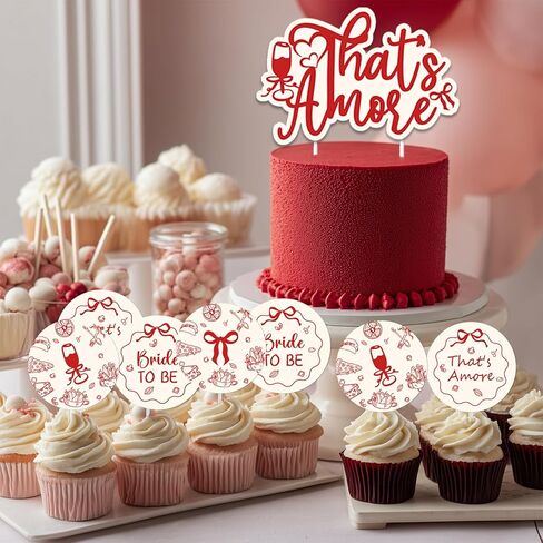 That's Amore Cake Cupcake Toppers Italian That's Amore Bridal Shower ديكورات حفلات الزفاف 25 قطعة من زخارف الكيك ذات القوس الأحمر الطباعة على الوجهين للبيتزا الإيطالية العازبة وحفلات الخطوبة in Kuwait