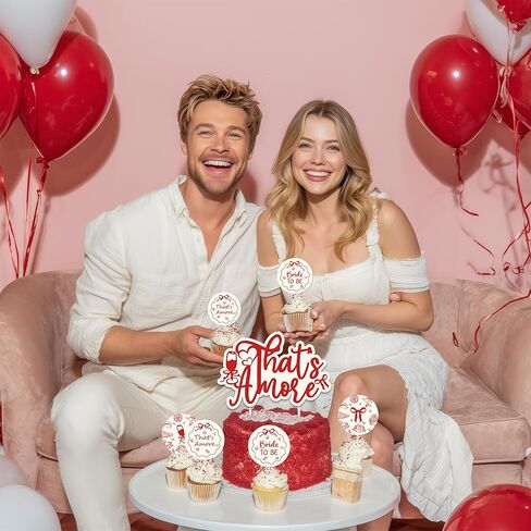 That's Amore Cake Cupcake Toppers Italian That's Amore Bridal Shower ديكورات حفلات الزفاف 25 قطعة من زخارف الكيك ذات القوس الأحمر الطباعة على الوجهين للبيتزا الإيطالية العازبة وحفلات الخطوبة in Kuwait