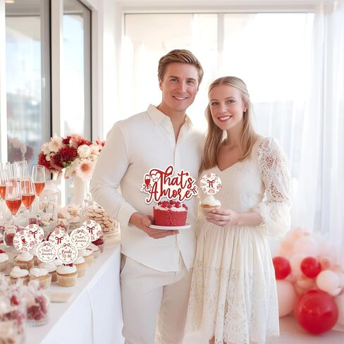 That's Amore Cake Cupcake Toppers Italian That's Amore Bridal Shower ديكورات حفلات الزفاف 25 قطعة من زخارف الكيك ذات القوس الأحمر الطباعة على الوجهين للبيتزا الإيطالية العازبة وحفلات الخطوبة in Kuwait