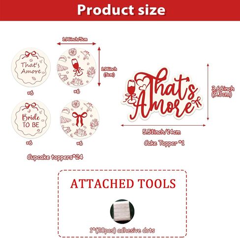 That's Amore Cake Cupcake Toppers Italian That's Amore Bridal Shower ديكورات حفلات الزفاف 25 قطعة من زخارف الكيك ذات القوس الأحمر الطباعة على الوجهين للبيتزا الإيطالية العازبة وحفلات الخطوبة in Kuwait