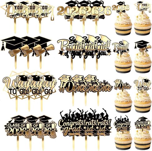 Capoda 24 Pcs 2026 Graduation Cupcake Toppers Glitter Gold Acrylic Class of 2026 Cupcake Picks with Gard Hat Reusable Graduation Party Cake Dessert Decor for Party Supplies Baking Decor in Saudi Arabia