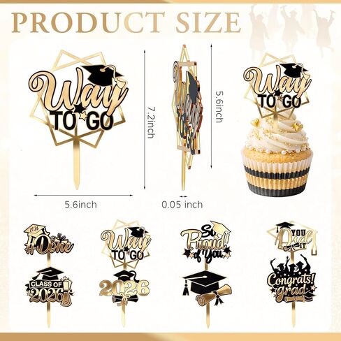 Capoda 24 Pcs 2026 Graduation Cupcake Toppers Glitter Gold Acrylic Class of 2026 Cupcake Picks with Gard Hat Reusable Graduation Party Cake Dessert Decor for Party Supplies Baking Decor in Saudi Arabia