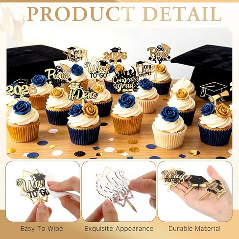 Capoda 24 Pcs 2026 Graduation Cupcake Toppers Glitter Gold Acrylic Class of 2026 Cupcake Picks with Gard Hat Reusable Graduation Party Cake Dessert Decor for Party Supplies Baking Decor in Saudi Arabia