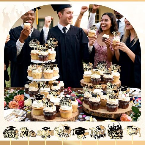 Capoda 24 Pcs 2026 Graduation Cupcake Toppers Glitter Gold Acrylic Class of 2026 Cupcake Picks with Gard Hat Reusable Graduation Party Cake Dessert Decor for Party Supplies Baking Decor in Saudi Arabia