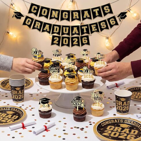 Capoda 24 Pcs 2026 Graduation Cupcake Toppers Glitter Gold Acrylic Class of 2026 Cupcake Picks with Gard Hat Reusable Graduation Party Cake Dessert Decor for Party Supplies Baking Decor in Saudi Arabia
