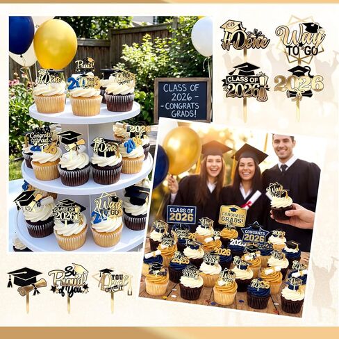 Capoda 24 Pcs 2026 Graduation Cupcake Toppers Glitter Gold Acrylic Class of 2026 Cupcake Picks with Gard Hat Reusable Graduation Party Cake Dessert Decor for Party Supplies Baking Decor in Saudi Arabia