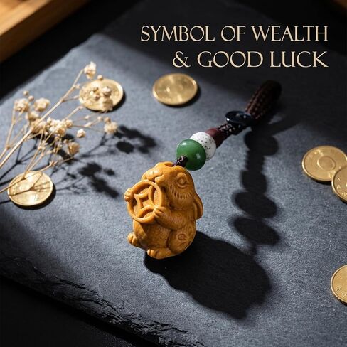 Hand Carved Sandalwood Chinese Zodiac Keychain, Rabbit Keychain, Chinese Zodiac Charms Set for Lunar New Year Gift Idea, Lucky Amulet Jewelry for Women Men in Saudi Arabia
