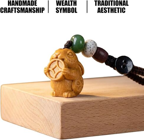 Hand Carved Sandalwood Chinese Zodiac Keychain, Rabbit Keychain, Chinese Zodiac Charms Set for Lunar New Year Gift Idea, Lucky Amulet Jewelry for Women Men in Saudi Arabia