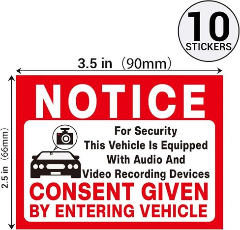 BELATASO10-Pack In Car Camera Recording Sign Stickers, Notice Vehicle is Equipped with Audio and Video Recording Devices Consent by Entering Car Sticker, 3.5"x2.5"Self Adhesive Vinyl Decal. in Saudi Arabia