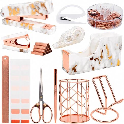 Office Desk Accessories Supplies - 13 Pcs Women Gold Marble Desk Decor Set, Cute Aesthetic Office Essentials Kit, Stapler Tape Dispenser Pen Organizer, Acrylic Mini Teacher Stuff for School Home Work in Saudi Arabia