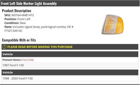 Marketplace Auto Parts Front Left Driver Side Side Marker Light Assembly - Compatible with 1997-2003 Ford F150 (from 6/1996) in Kuwait