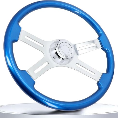 18 Inch Solid Wood Steering Wheel - For Semi-Trailers Trucks Compatible with Peterbilt Mack Kenworth Volvo Freightliner 4 Spokes Aluminum Chrome Classic Steering Wheel with Horn Button - Blue in Saudi Arabia