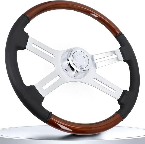 18 Inch Solid Wood Steering Wheel - For Semi-Trailers Trucks Compatible with Peterbilt Mack Kenworth Volvo Freightliner 4 Spokes Aluminum Chrome Classic Steering Wheel with Horn Button - Blue in Saudi Arabia